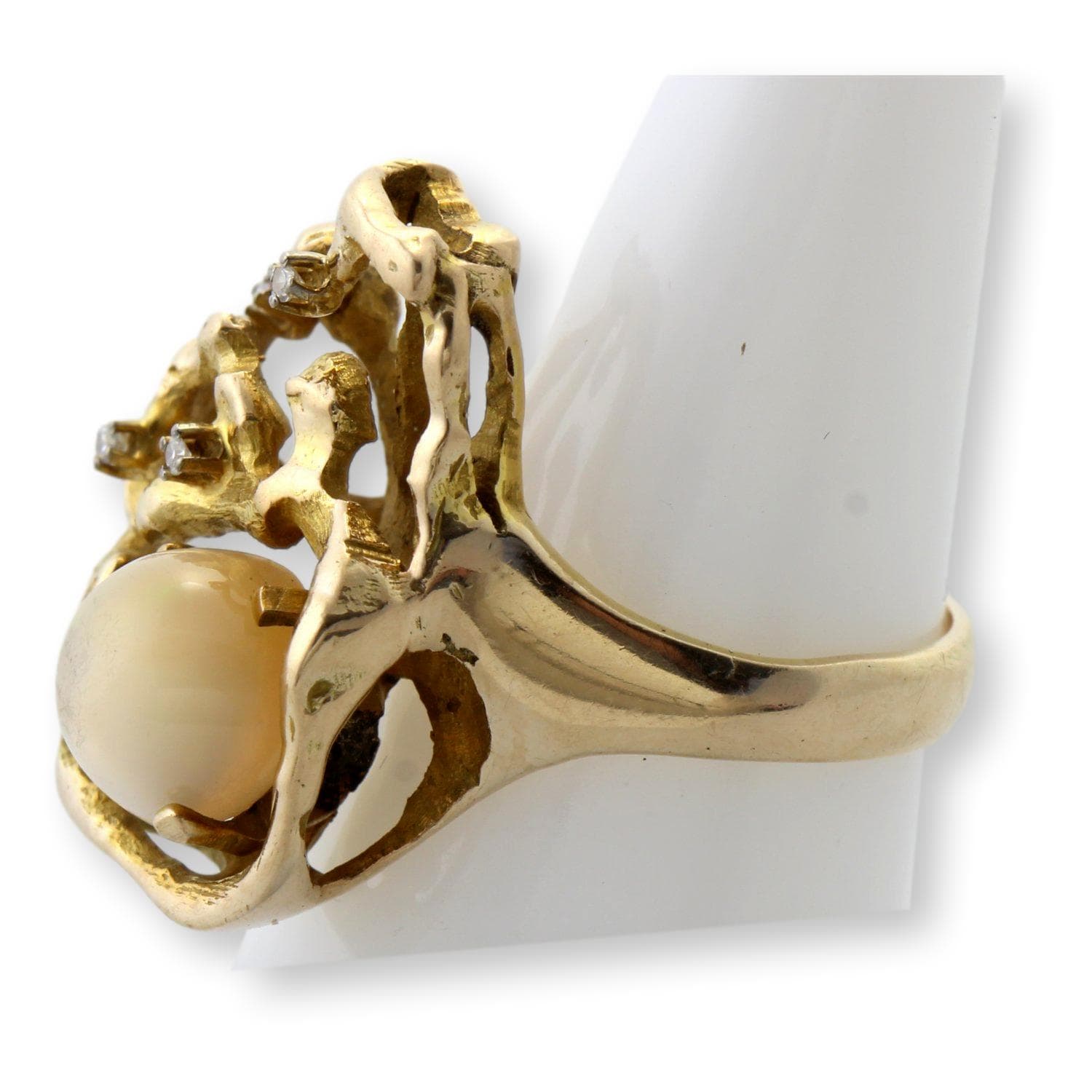 Vintage 14K Gold Natural Crystal Opal & Diamond Modernist Ring | Organic Freeform Design - Size 6 - Thumbnail 4