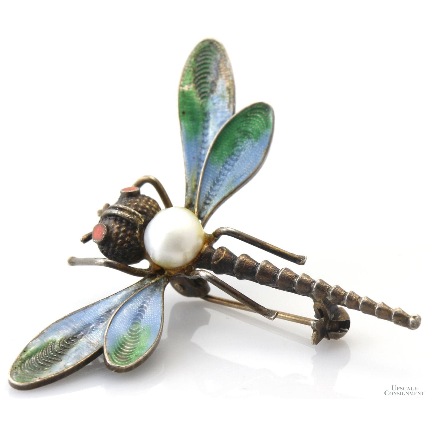 Italian Dragonfly Brooch | Coral, Pearl & Light-Transmitting Plique-à-Jour-Style Enamel - 2"(w) x 1.7"(l) - Thumbnail 3