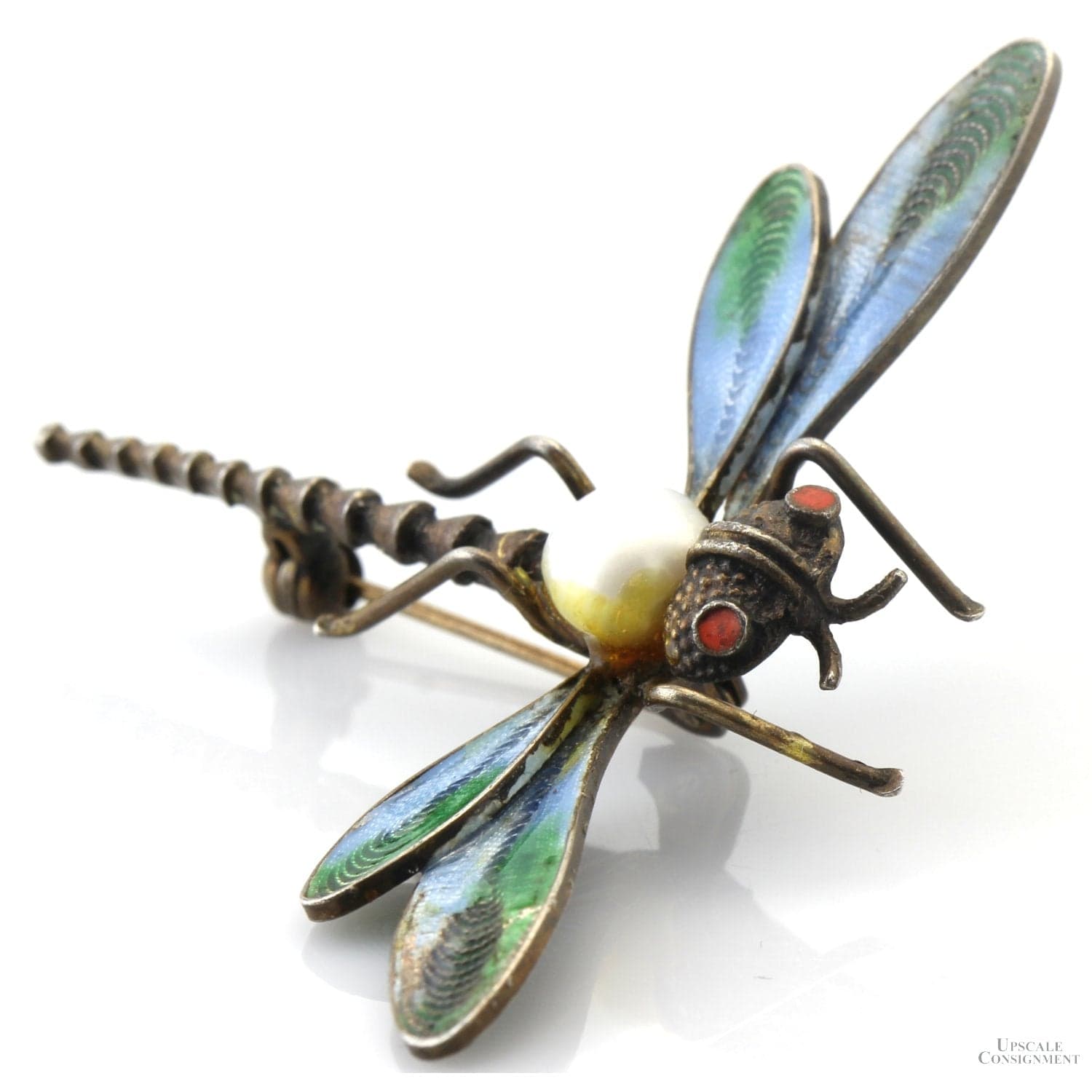 Italian Dragonfly Brooch | Coral, Pearl & Light-Transmitting Plique-à-Jour-Style Enamel - 2"(w) x 1.7"(l) - Thumbnail 4
