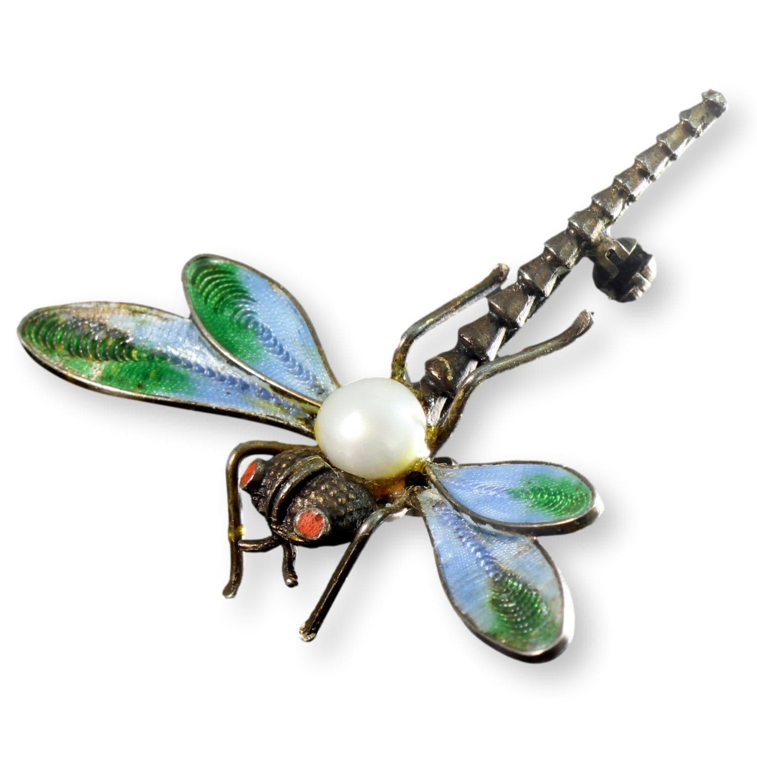 Italian Dragonfly Brooch | Coral, Pearl & Light-Transmitting Plique-à-Jour-Style Enamel - 2"(w) x 1.7"(l) - Thumbnail 2
