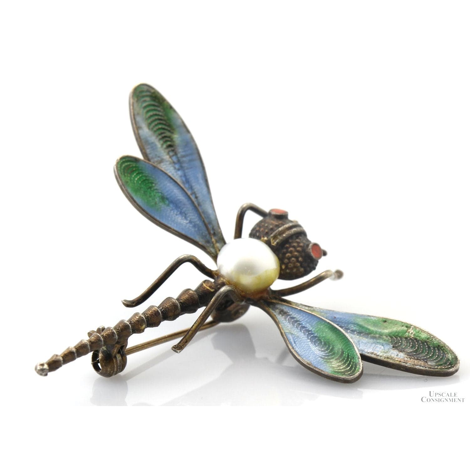 Italian Dragonfly Brooch | Coral, Pearl & Light-Transmitting Plique-à-Jour-Style Enamel - 2"(w) x 1.7"(l) - Thumbnail 6
