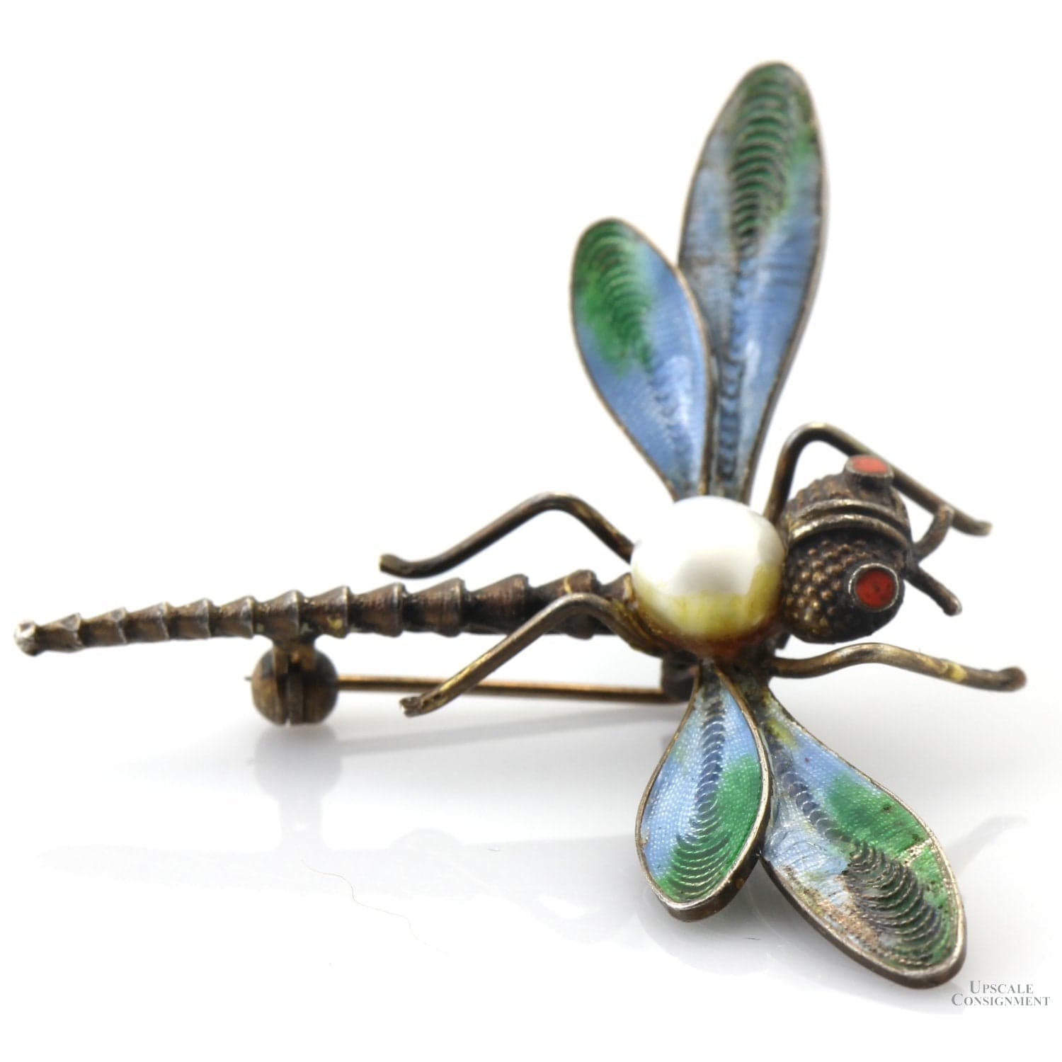 Italian Dragonfly Brooch | Coral, Pearl & Light-Transmitting Plique-à-Jour-Style Enamel - 2"(w) x 1.7"(l) - Thumbnail 5