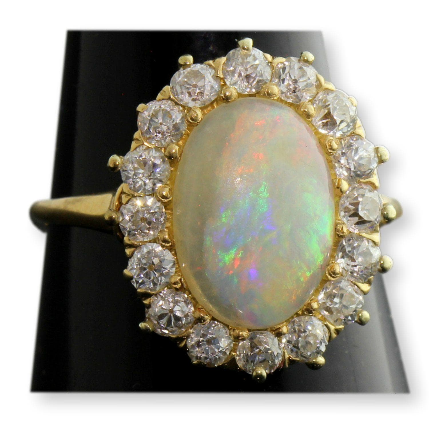 Antique 18K Crystal Opal & Old European Cut Diamond Halo Ring | Attributed to Spaulding & Co. - Size 6 - Thumbnail 2