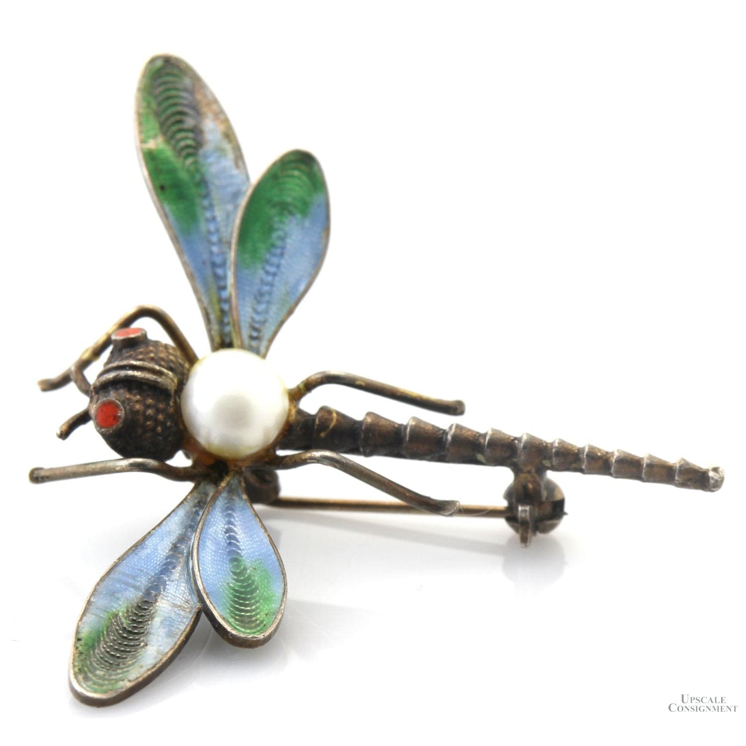 Italian Dragonfly Brooch | Coral, Pearl & Light-Transmitting Plique-à-Jour-Style Enamel - 2"(w) x 1.7"(l) - Thumbnail 7