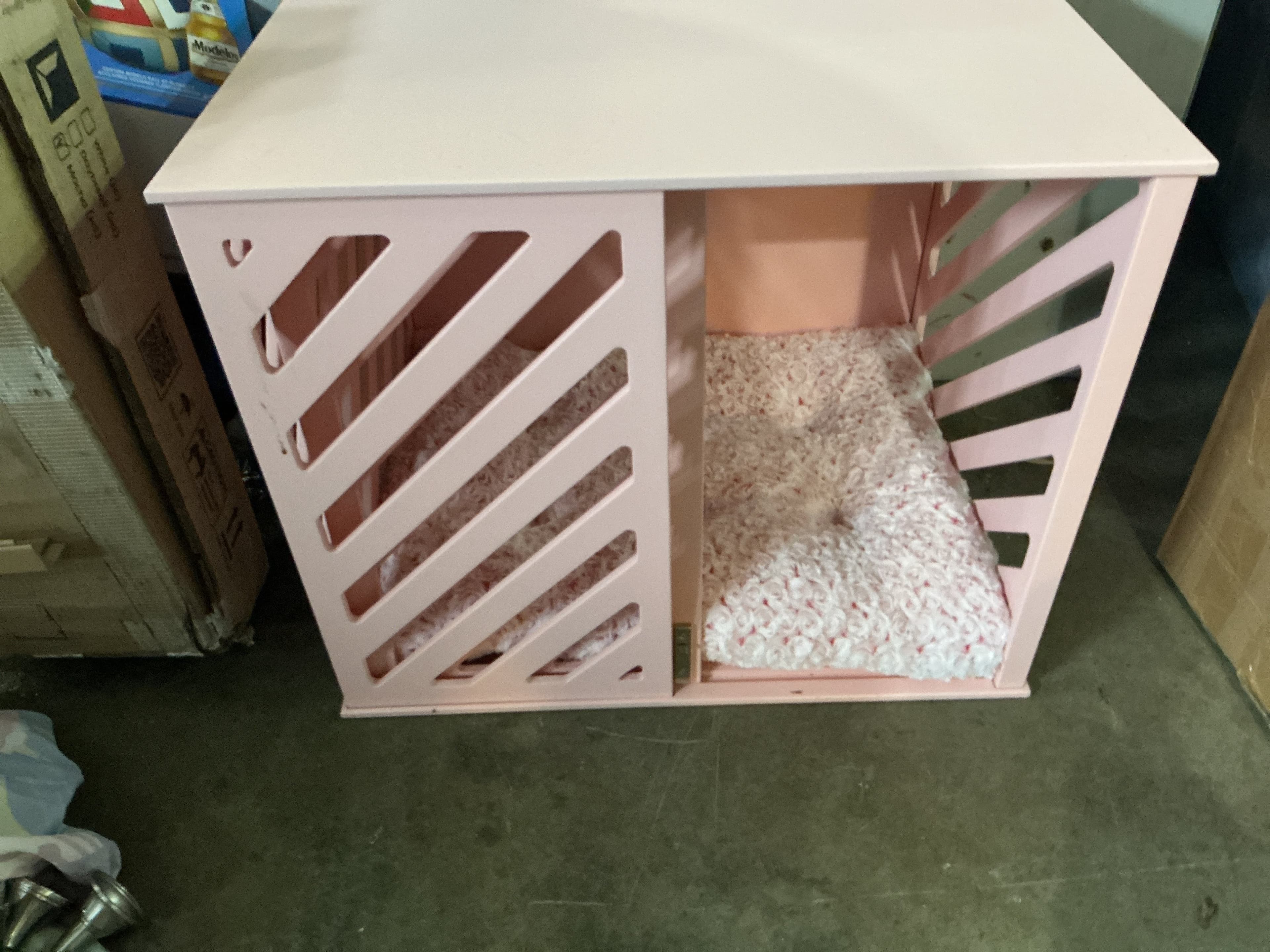 Pink Wooden Dog Crate with Cushion - Thumbnail 2