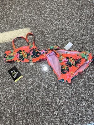 Art Class Girls Pink Green Tropical Palm Bikini Set UPF 50+ Size M (8) NWT
