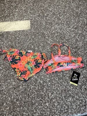 Art Class Girls Pink Green Tropical Palm Bikini Set UPF 50+ Size M (8) NWT - Thumbnail 2