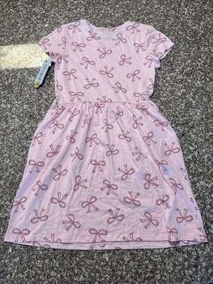 Cat & Jack Girls Pink Bow Print Fit & Flare Dress L (10/12) Short Sleeve Pockets - Thumbnail 4