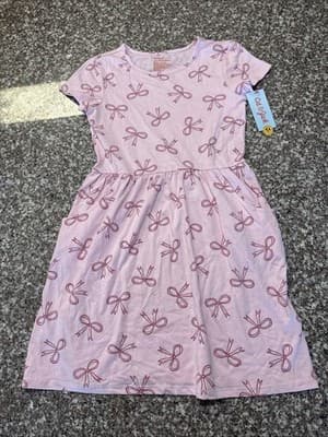 Cat & Jack Girls Pink Bow Print Fit & Flare Dress L (10/12) Short Sleeve Pockets