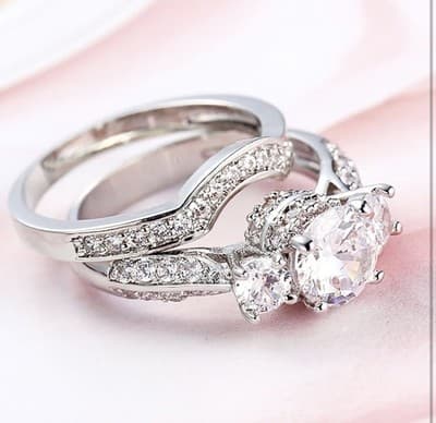 Wedding Band Engagement Ring Set for Women Round White AAA CZ Size 7 - Thumbnail 5