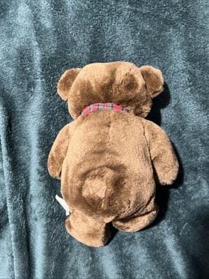 Vintage 1983 Dakin Baby Things Brown Teddy Bear Plush Red Heart Plaid Bow Sweet - Thumbnail 3