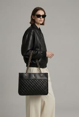 Loulu Large Quilted Tote Bag Purse 16x11x5 Faux Leather Chain Handles Black - Thumbnail 5