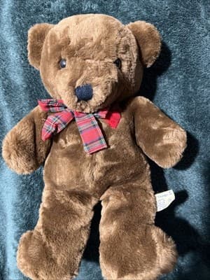 Vintage 1983 Dakin Baby Things Brown Teddy Bear Plush Red Heart Plaid Bow Sweet - Thumbnail 2