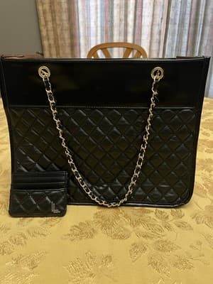 Loulu Large Quilted Tote Bag Purse 16x11x5 Faux Leather Chain Handles Black - Thumbnail 3