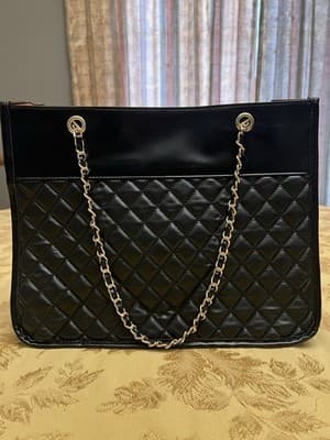 Loulu Large Quilted Tote Bag Purse 16x11x5 Faux Leather Chain Handles Black - Thumbnail 2