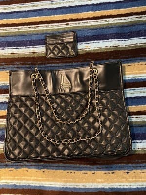 Loulu Large Quilted Tote Bag Purse 16x11x5 Faux Leather Chain Handles Black - Thumbnail 6