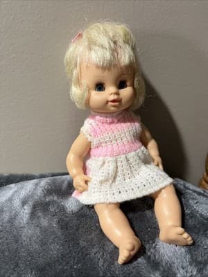 Vintage 1960s-70s Hong Kong Doll Blond Pigtails Pink & White Crochet Dress 7" - Thumbnail 10