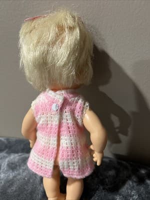 Vintage 1960s-70s Hong Kong Doll Blond Pigtails Pink & White Crochet Dress 7" - Thumbnail 6