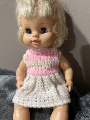 Vintage 1960s-70s Hong Kong Doll Blond Pigtails Pink & White Crochet Dress 7" - Thumbnail 8
