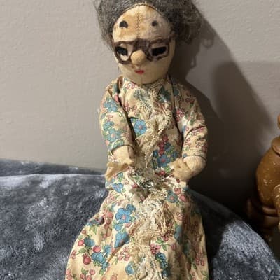 Vintage Cloth Doll Resembling An Elderly Woman with Floral Dress. 15 Inches Tall - Thumbnail 3