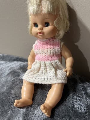 Vintage 1960s-70s Hong Kong Doll Blond Pigtails Pink & White Crochet Dress 7" - Thumbnail 9