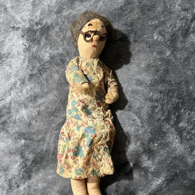 Vintage Cloth Doll Resembling An Elderly Woman with Floral Dress. 15 Inches Tall - Thumbnail 8