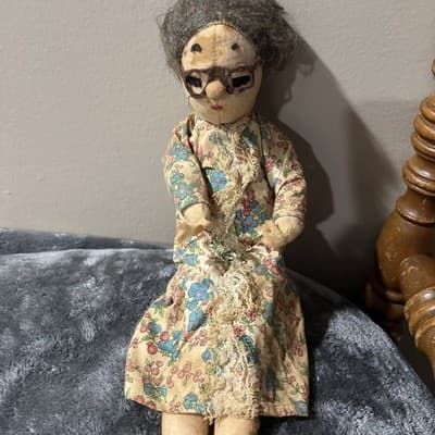 Vintage Cloth Doll Resembling An Elderly Woman with Floral Dress. 15 Inches Tall - Thumbnail 2