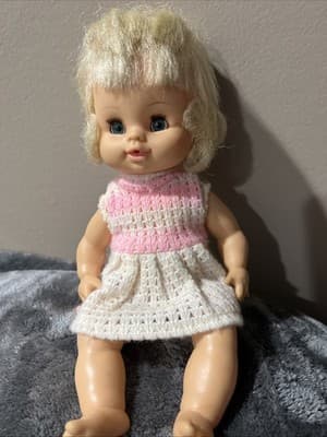 Vintage 1960s-70s Hong Kong Doll Blond Pigtails Pink & White Crochet Dress 7" - Thumbnail 7