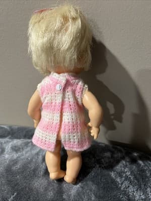 Vintage 1960s-70s Hong Kong Doll Blond Pigtails Pink & White Crochet Dress 7" - Thumbnail 5
