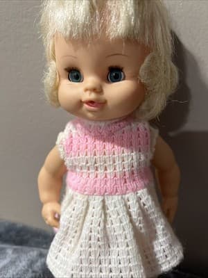Vintage 1960s-70s Hong Kong Doll Blond Pigtails Pink & White Crochet Dress 7" - Thumbnail 3