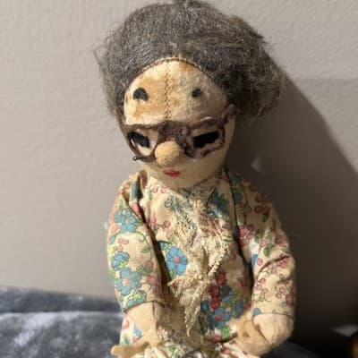 Vintage Cloth Doll Resembling An Elderly Woman with Floral Dress. 15 Inches Tall - Thumbnail 5