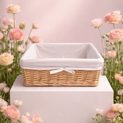 Decorative Wicker Basket with A White Fabric Lining and Bow. Great Condition. - Thumbnail 6