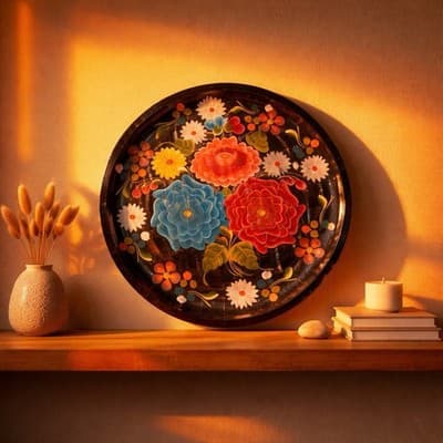 Vintage 11" Batea Mexican Wooden Hand Painted Tole Floral Round Serving Tray - Thumbnail 6