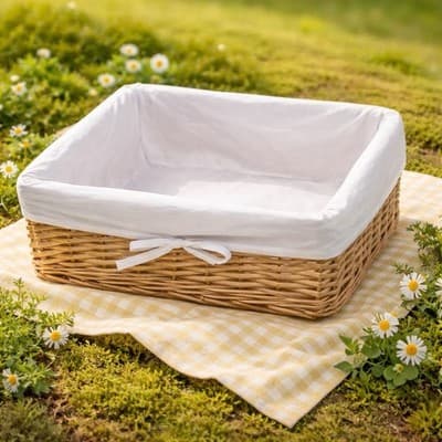 Decorative Wicker Basket with A White Fabric Lining and Bow. Great Condition. - Thumbnail 5