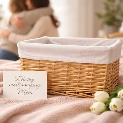 Decorative Wicker Basket with A White Fabric Lining and Bow. Great Condition. - Thumbnail 2