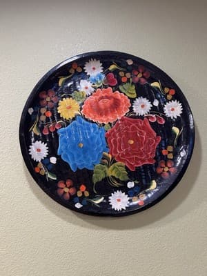 Vintage 11" Batea Mexican Wooden Hand Painted Tole Floral Round Serving Tray - Thumbnail 10