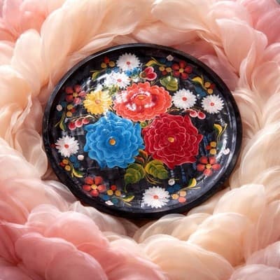 Vintage 11" Batea Mexican Wooden Hand Painted Tole Floral Round Serving Tray - Thumbnail 2