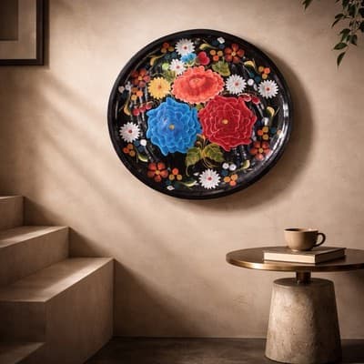 Vintage 11" Batea Mexican Wooden Hand Painted Tole Floral Round Serving Tray - Thumbnail 7