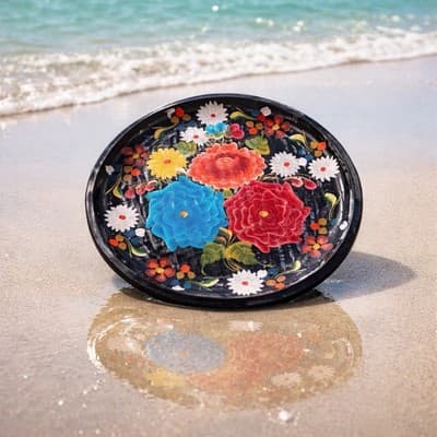 Vintage 11" Batea Mexican Wooden Hand Painted Tole Floral Round Serving Tray - Thumbnail 4