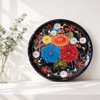 Vintage 11" Batea Mexican Wooden Hand Painted Tole Floral Round Serving Tray - Thumbnail 5