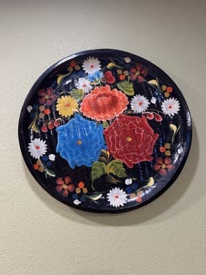 Vintage 11" Batea Mexican Wooden Hand Painted Tole Floral Round Serving Tray - Thumbnail 8