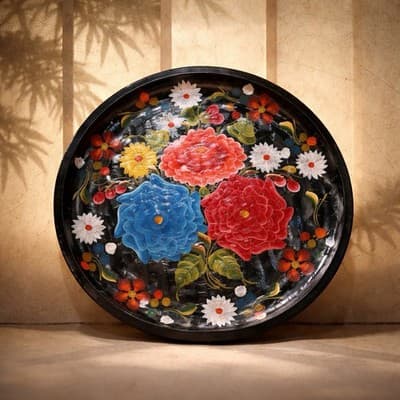 Vintage 11" Batea Mexican Wooden Hand Painted Tole Floral Round Serving Tray - Thumbnail 3