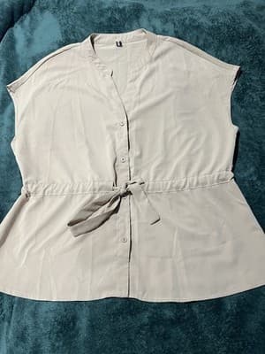CICIBIRD Beige Peplum Button-Up Chiffon Sleeveless Tie Waist Blouse Top Sz XL - Thumbnail 4