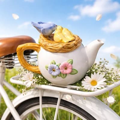 Vintage Teleflora TEAPOT Ceramic Hand Painted Birds in Nest - Thumbnail 5