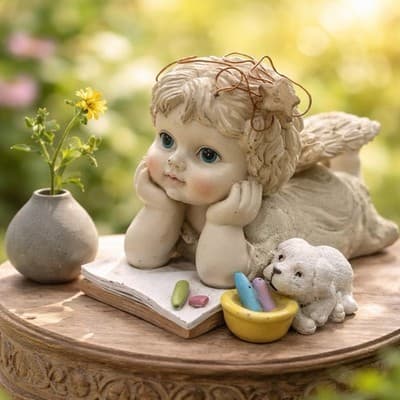 A Resin Figurine of A Cherubic Child with A Dog and Art Supplies. Vintage 1995 - Thumbnail 2