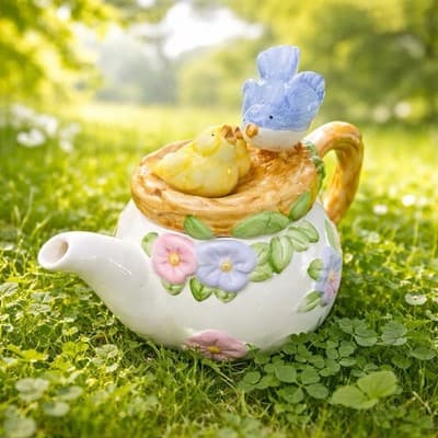 Vintage Teleflora TEAPOT Ceramic Hand Painted Birds in Nest