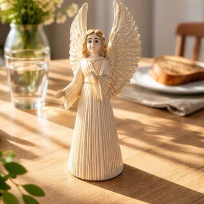 Vintage Cream Glazed Ceramic Angel Figurine with Detailed Wings and Robe. 6.5 In - Thumbnail 3