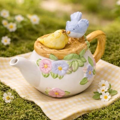 Vintage Teleflora TEAPOT Ceramic Hand Painted Birds in Nest - Thumbnail 6