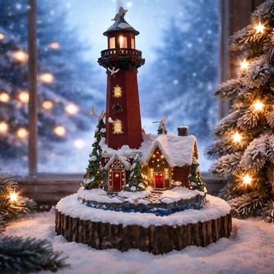 A Decorative Christmas Lighthouse with Snow Trees and Lights. Christmas Decor