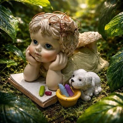 A Resin Figurine of A Cherubic Child with A Dog and Art Supplies. Vintage 1995